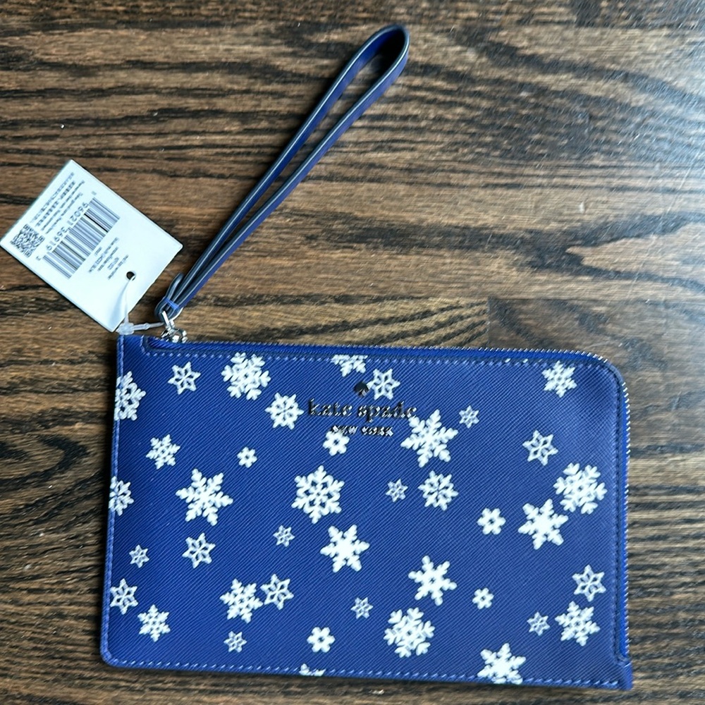 Kate Spade Staci Snowflake Toss Medium L-zip Wristlet Snowflake Toss Blue Multi